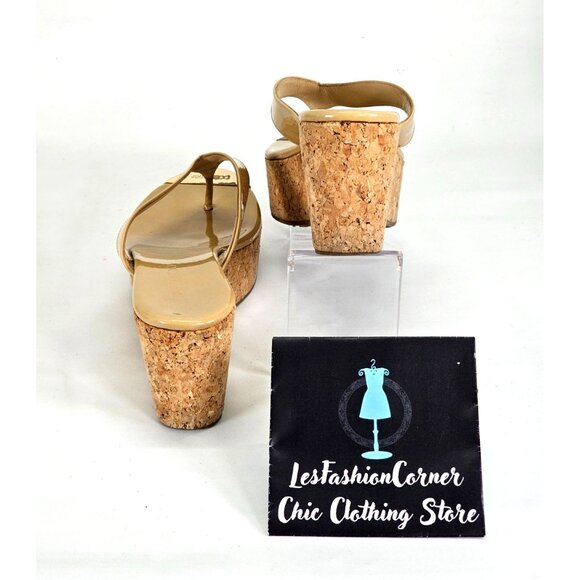 Jimmy Choo Nude Patent Leather Pathos Thong Cork Wedge Sandals Sz 39.5 (9) 024 - Picture 8 of 16